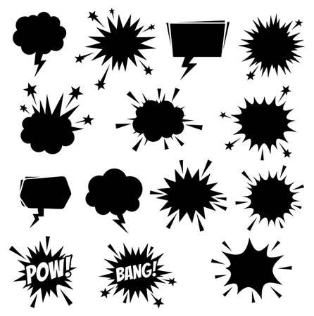 this image features a collection of comic-style speech bubbles and explosion graphics in black and white, creating a dynamic and visually appealing design element for various projectsのイラスト素材