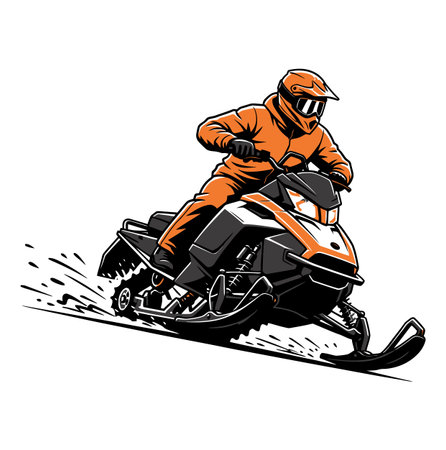 A vibrant illustration showcases a person riding a snowmobile. The rider, clad in an orange suit and helmet, navigates the snowy terrain with speed and skill on a white backdrop.のイラスト素材