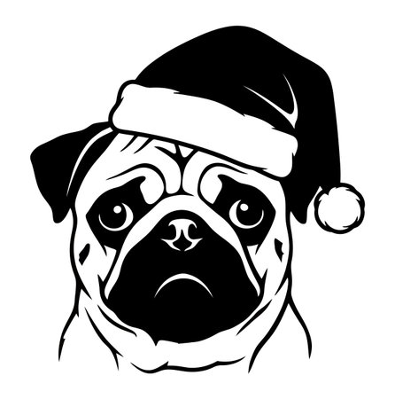 a black and white vector illustration of a pug wearing a santa hat, perfect for christmas themed projects and designs, with a clean and simple aesthetic.のイラスト素材