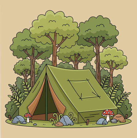 This cartoon illustration features a green tent nestled in a forest, surrounded by trees, mushrooms, and rocks, creating a peaceful and idyllic outdoor camping scene.のイラスト素材