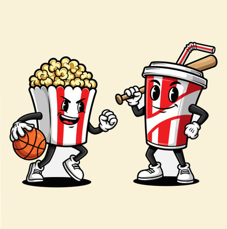 a cartoon illustration featuring a popcorn character dribbling a basketball facing a soda character holding a baseball bat, set against a plain background. It's playful and funのイラスト素材