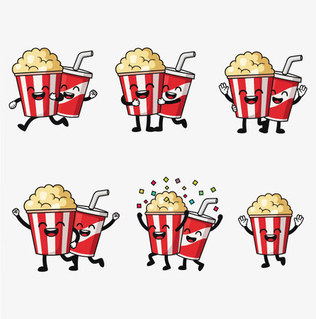 This is a cartoon illustration featuring happy popcorn and soda cup characters. They are in various poses on a white background. It is a fun and friendly image. 171のイラスト素材