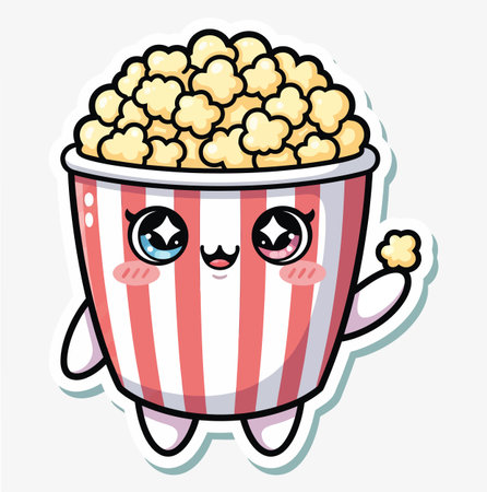 This is a cartoon drawing of a popcorn bucket with big eyes and a happy expression. The bucket is holding a piece of popcorn out. It is cute and cheerful.のイラスト素材