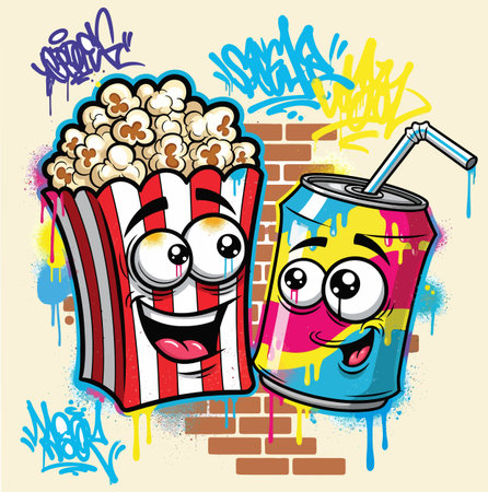A cartoon illustration features a smiling popcorn box and soda can with graffiti against a brick wall. The design is colorful, playful and vibrant with a modern style.のイラスト素材