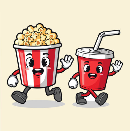 A cartoon illustration features a popcorn bucket and a soda cup, both with happy expressions, running cheerfully on a light background, perfect for cinema or snack themes.のイラスト素材