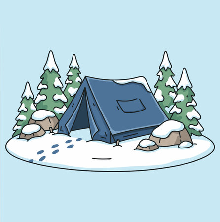 this is a cartoon illustration of a blue tent nestled in a snowy landscape, surrounded by snow-covered pine trees and rocks, creating a serene winter camping scene perfect for holidays.のイラスト素材