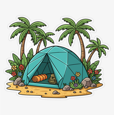 A vibrant cartoon illustration showcases a blue tent nestled among palm trees, colorful flowers, and rocks on a sandy beach, evoking a sense of tropical vacation.のイラスト素材