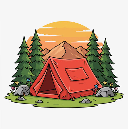 A charming cartoon illustration showcasing a red tent nestled in a vibrant forest setting, complete with majestic mountains and a picturesque sunset backdrop. It's ideal for travel.のイラスト素材