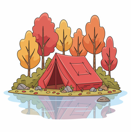a charming illustration featuring a red tent nestled on a small island surrounded by colorful autumn trees, with a serene water reflection below, evoking a peaceful camping sceneのイラスト素材