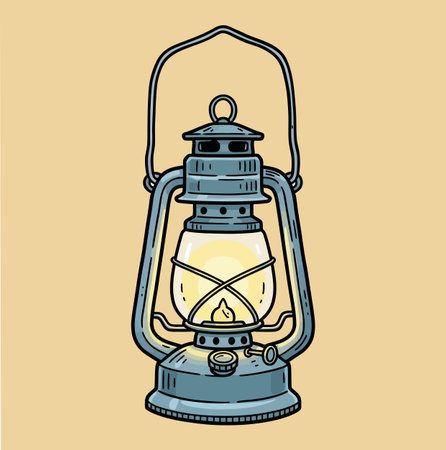 a detailed illustration of a vintage kerosene lantern, featuring a metal frame and glass globe. the lantern emits a warm glow, set against a simple beige background. it is decorativeのイラスト素材