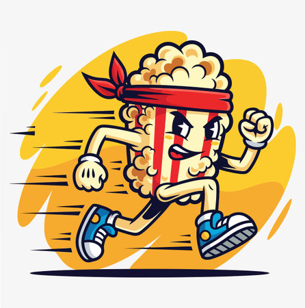 A cartoon popcorn character is running, wearing a red headband and shoes, with speed lines behind it on a yellow background, creating a dynamic and playful illustration.のイラスト素材