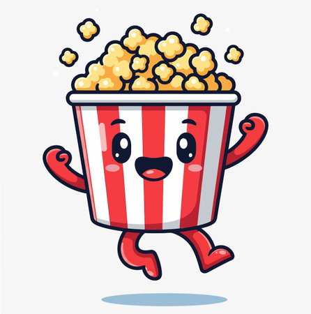 This is a cartoon illustration of a popcorn bucket character with red and white stripes. It is jumping and smiling, creating a happy and cheerful image on a white backdrop.のイラスト素材