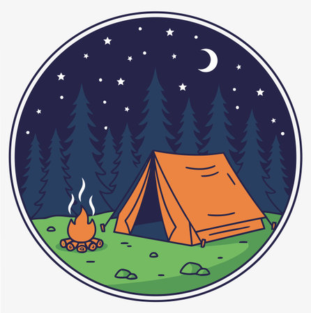 a charming illustration of a camping scene at night, featuring a tent, campfire, trees, stars, and a crescent moon, all encapsulated within a neat circular frameのイラスト素材