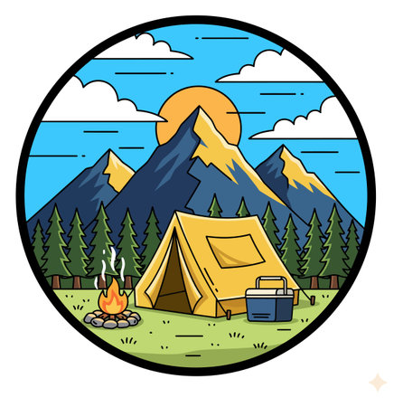 a vibrant illustration displays a camping scene within a circle, featuring a tent, mountains, campfire, and cooler, evoking a sense of outdoor adventure and serenityのイラスト素材