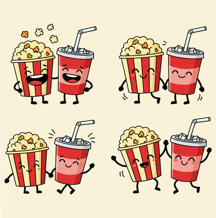 This cartoon illustration shows happy popcorn buckets and soda cups in various joyful poses. They are dancing, holding hands, and celebrating together in a fun way.のイラスト素材