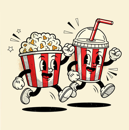 a cartoon illustration of a popcorn container and a soda cup running together. they both have smiling faces and a retro style design, perfect for a fun movie night graphic.のイラスト素材