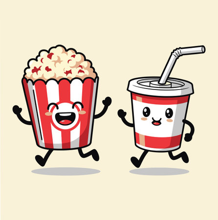 A cartoon image shows a popcorn bucket and soda cup running happily. The popcorn bucket is red and white striped, while the soda cup has a straw. Both have cute faces and are animated.のイラスト素材