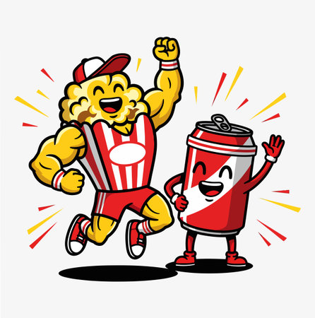 A cartoon illustration showcases a muscular popcorn character and a soda can mascot joyfully celebrating together, radiating energy and positive vibes on a white background.のイラスト素材