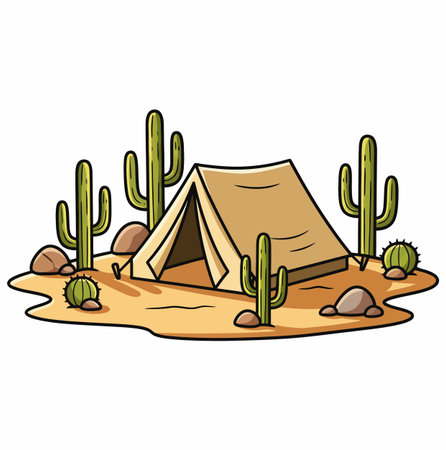 This is an illustration of a tan tent in a desert landscape, surrounded by green cacti and rocks. It evokes a sense of adventure and outdoor camping in a barren environment.のイラスト素材