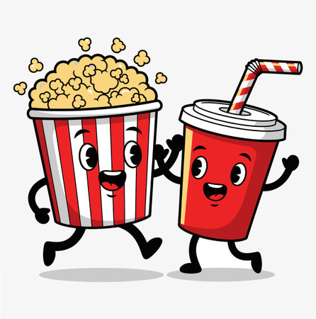 This cartoon image features a cheerful popcorn bucket and soda cup running together. The red and white striped bucket is filled with popcorn, while the soda cup has a straw. Both have happy faces.のイラスト素材