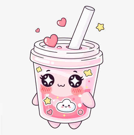 A cute cartoon illustration of a pink bubble tea with a kawaii face, hearts, stars, and a cloud. It's on a white background and has a straw. It looks very sweet and adorable.のイラスト素材