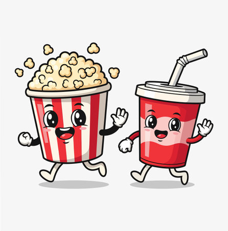 This is a cartoon illustration featuring a popcorn bucket and a soda cup running together on a white background. Both characters have cute faces and are smiling happily.のイラスト素材