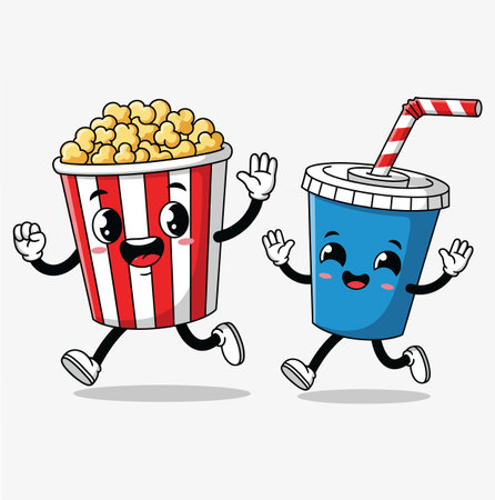 a cheerful cartoon image featuring a popcorn bucket and soda cup running side by side with happy expressions, set against a clean white background. they are animated and cuteのイラスト素材