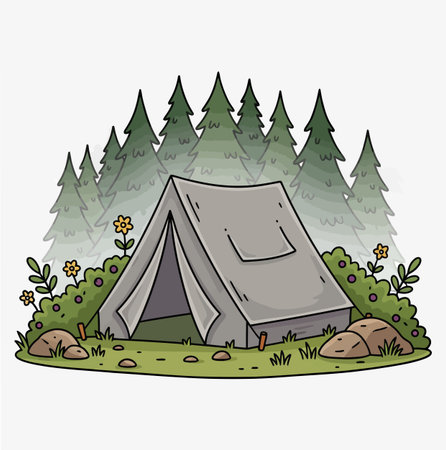 A cartoon illustration of a gray tent set up in a forest clearing. The tent is surrounded by trees, bushes, and flowers, creating a peaceful and inviting outdoor scene.のイラスト素材