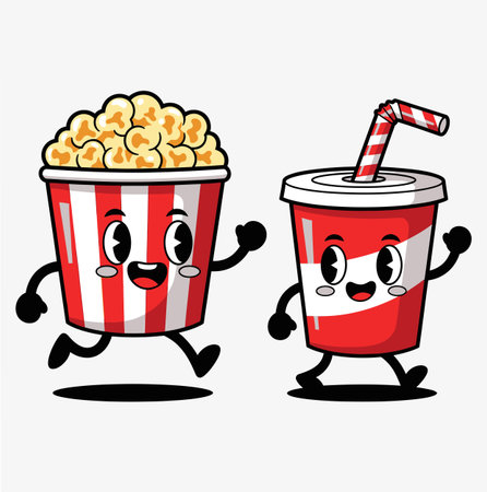 a cartoon illustration featuring a popcorn bucket and a soda cup, both with animated faces, running side by side on a clean white background, creating a cheerful scene.のイラスト素材