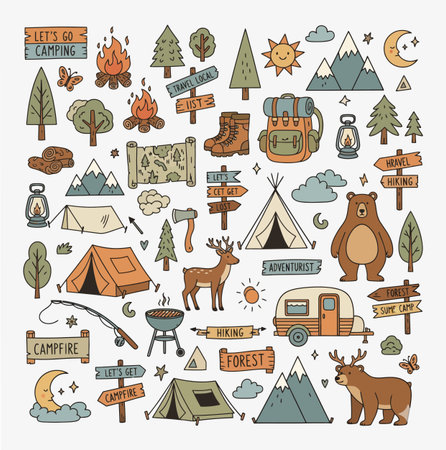 a hand drawn camping themed image featuring tents, trees, animals, and equipment scattered around, perfect for illustrating outdoor adventures and nature themesのイラスト素材