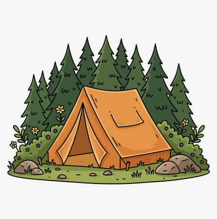 an illustration depicting a vibrant orange camping tent nestled among lush green trees and charming flowers with rocks, set against a clean white backdrop, outdoors.のイラスト素材