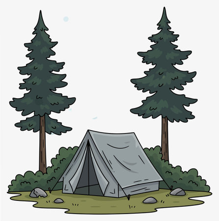 A serene camping scene featuring a gray tent nestled between two tall pine trees, surrounded by lush green bushes and scattered rocks, set against a white backdrop.のイラスト素材