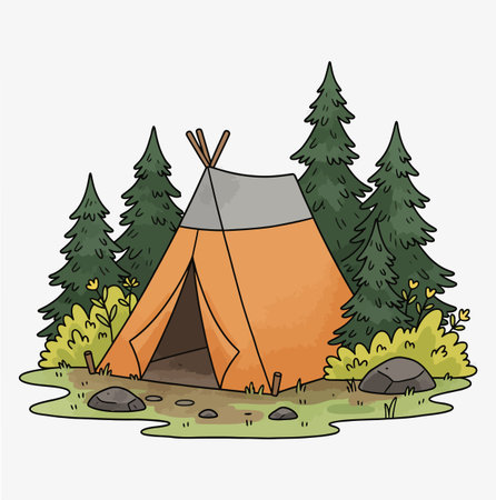 This is an illustration of an orange tent with a gray top surrounded by green trees and bushes. It shows a camping scene with rocks and foliage in the outdoors area.のイラスト素材