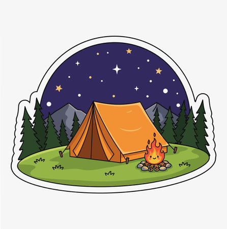 A cartoon illustration of a camping scene at night, featuring a tent, campfire, trees, and mountains under a starry sky. It evokes a sense of outdoor adventure and nature.のイラスト素材