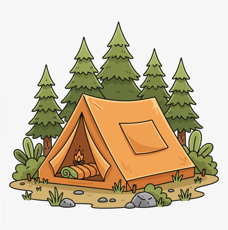 A cartoon illustration showing an orange tent with a campfire inside, surrounded by green trees and bushes. It evokes a sense of outdoor adventure and camping fun.のイラスト素材