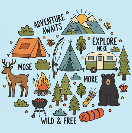 A vibrant camping illustration with tents, a deer, bear, and campfire. Mountains, trees, and a caravan add to the outdoor adventure theme, set on a light blue backdropのイラスト素材