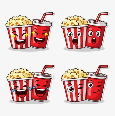 the image shows four pairs of cartoon popcorn and soda cups with various expressions, set against a clean white background, creating a playful and cheerful mood.のイラスト素材