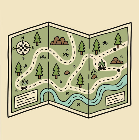 a cartoon style illustration of a folded map featuring trees, a winding river, mountains, and camping symbols, suggesting an outdoor adventure or travel guide.のイラスト素材
