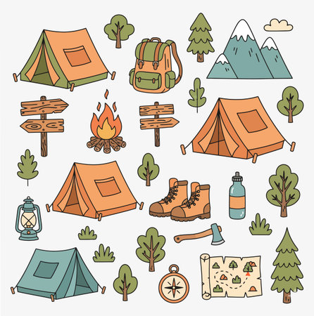 this illustration features camping essentials: tents, a campfire, backpack, and equipment. It evokes a sense of outdoor adventure and exploration in nature.のイラスト素材
