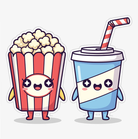a cute cartoon illustration featuring a popcorn box and soda cup with adorable faces, set against a clean white background. perfect for cinema or snack themesのイラスト素材