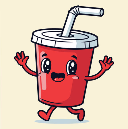 A cartoon illustration of a red soda cup character with a white lid and straw, running happily with arms raised. It is a cute and cheerful design, perfect for a mascot.のイラスト素材