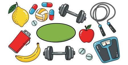 a healthy lifestyle concept with fitness equipment, healthy food, and supplements for wellnessのイラスト素材
