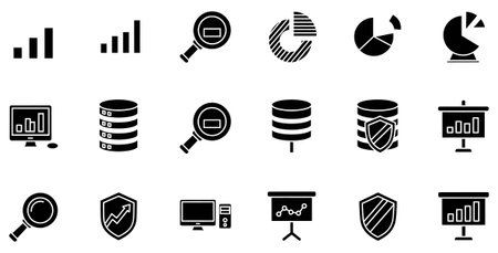a set of black and white data analysis icons for business intelligence and presentationsのイラスト素材