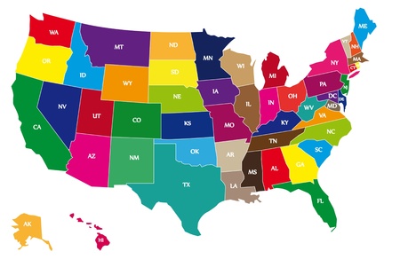 Detail color map of USA with name of states.のイラスト素材