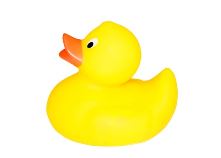 Classic yellow plastic duck with white backgroundの写真素材