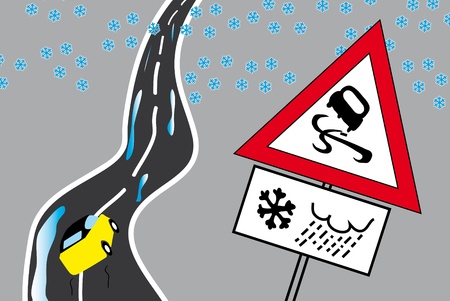 Yellow car on the danger icing road.のイラスト素材