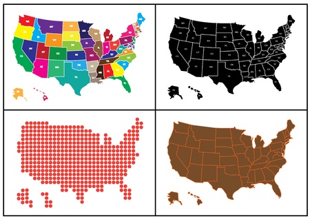 Several maps of USA in mosaic. Maps of USA has brown, black, red and many others color.のイラスト素材