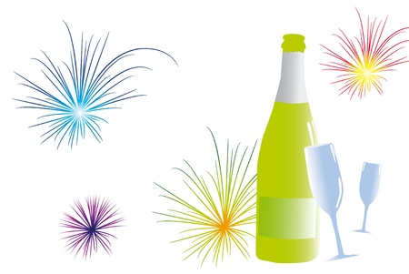 Green bottle with glasses and fireworks.のイラスト素材