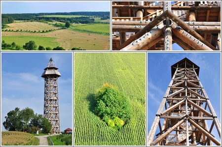 Collage from photos of new lookout tower in middle of Bohemia in Czech Republic.の写真素材