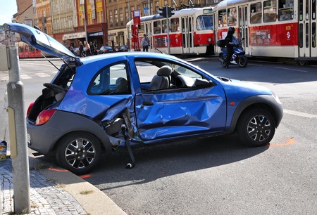 PRAGUE, CZECH REPUBLIC - SEPTEMBER 09: Damaged car after accident with tram on September 09, 2011 in Prague, Czech Republicのeditorial素材
